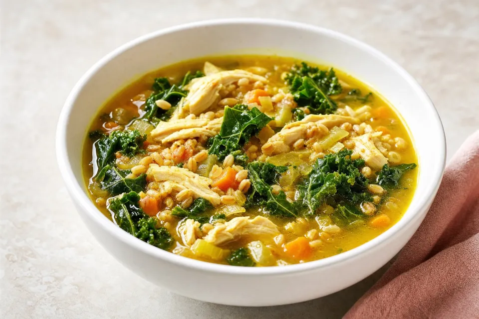 Chicken Soup with Farro, Kale, and Turmeric