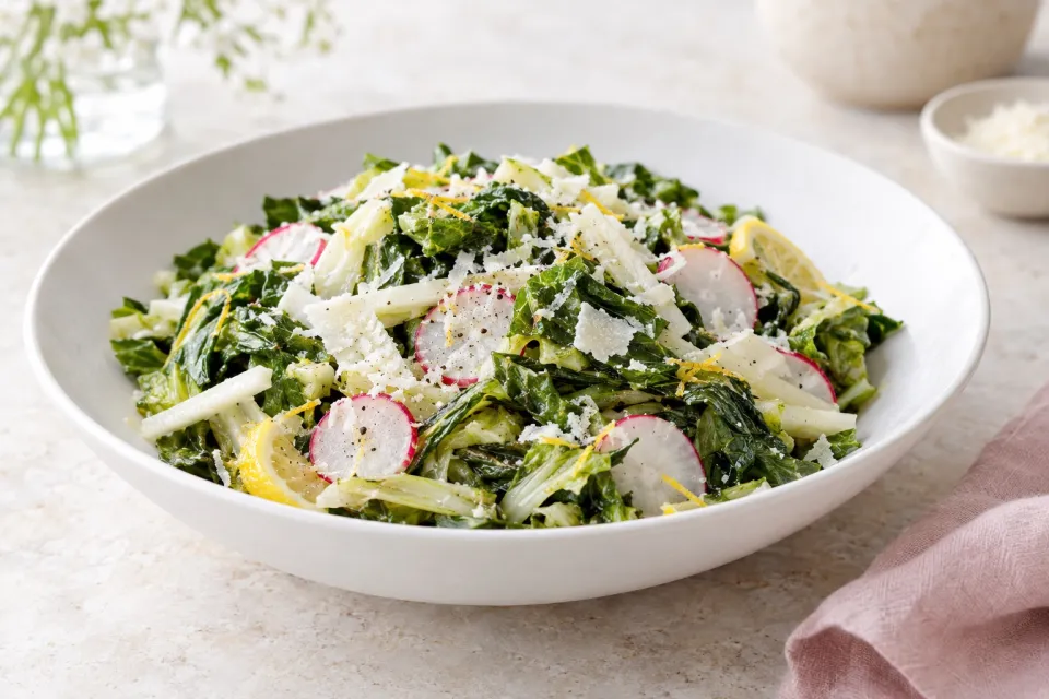 Wilted Escarole Salad with Kohlrabi, Radish, Lemon, and Parmesan