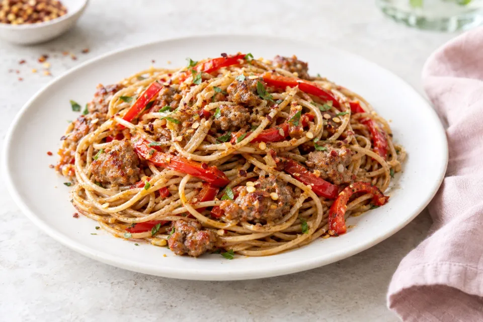 Whole Wheat Spaghetti with Italian Sausage, Red Peppers, and Hot Pepper Flakes