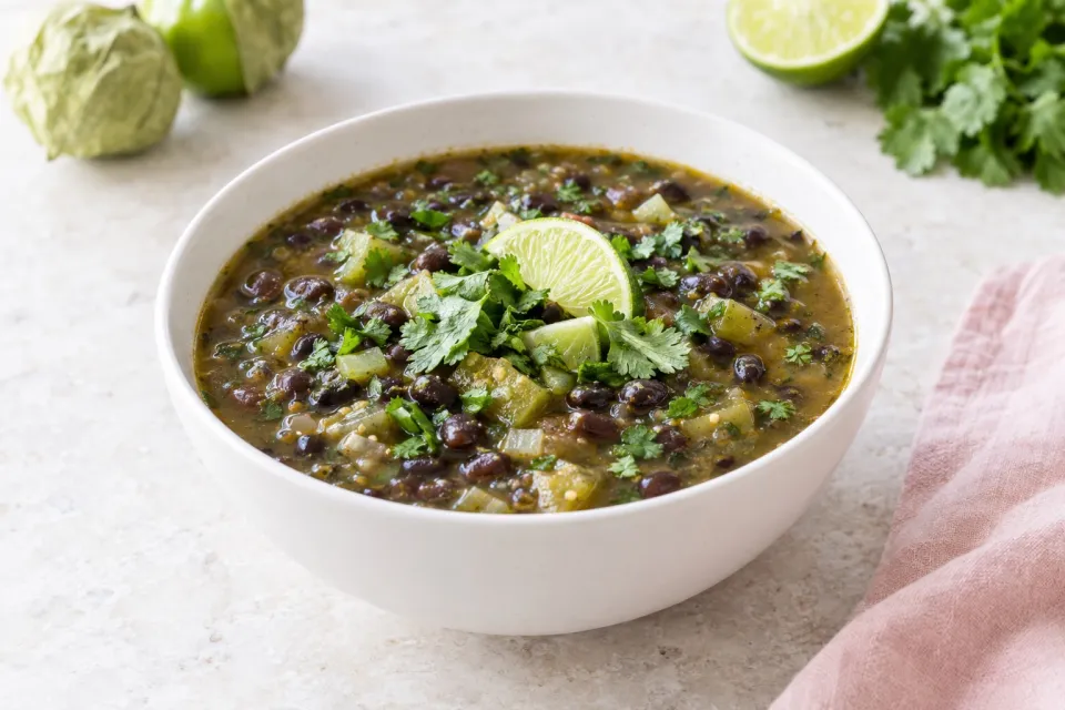 Crockpot Vegetarian Black Bean and Tomatillo Soup with Lime and Cilantro