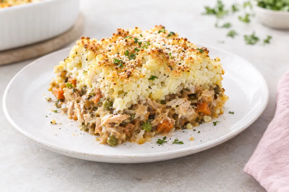 Leftover Turkey Shepherd's Pie Casserole with Garlic-Parmesan Cauliflower Topping