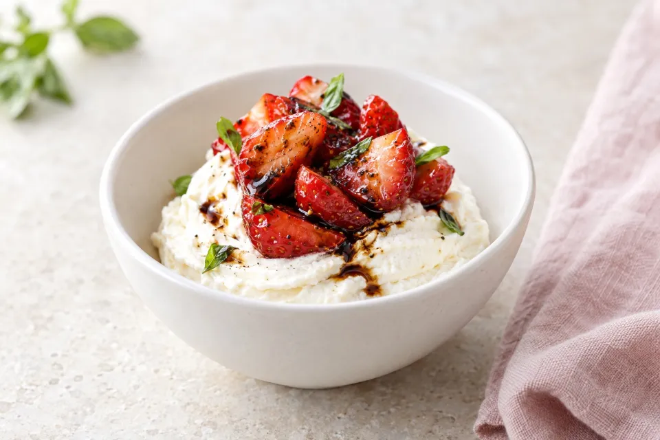 Ricotta-Mascarpone Mousse with Balsamic Strawberries