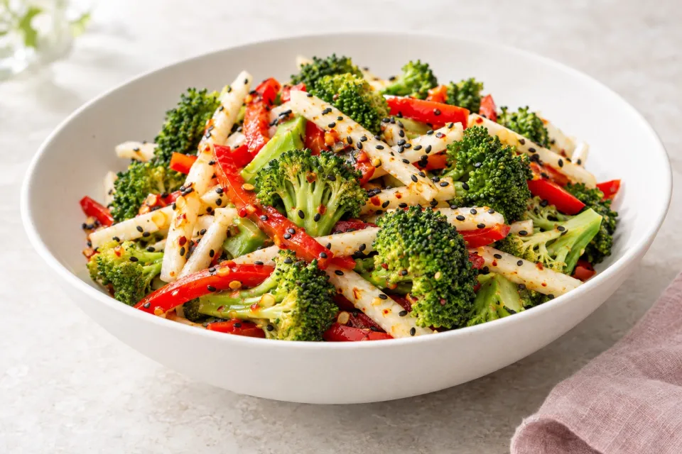 Spicy Broccoli-Jicama Salad with Red Bell Pepper and Black Sesame Seeds