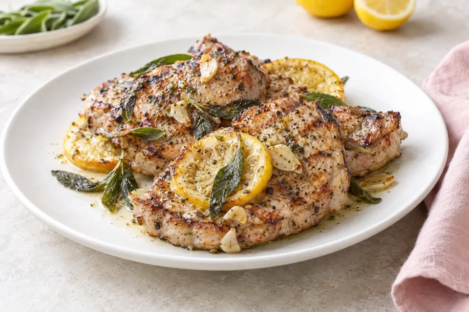Grilled Boneless Pork Chops with Lemon, Garlic, and Sage
