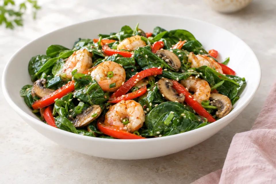 Asian Spinach Salad with Shrimp, Red Pepper, and Mushrooms