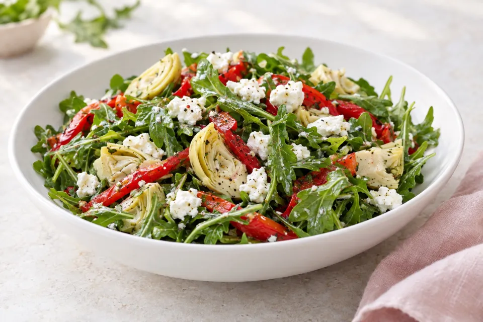 Low-Carb Arugula Salad with Artichokes, Peppers, and Goat Cheese