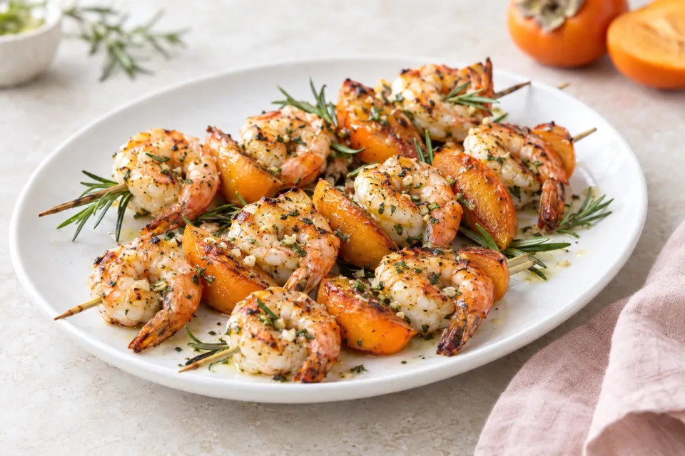 Garlic and Rosemary Roasted Shrimp Skewers with Persimmon
