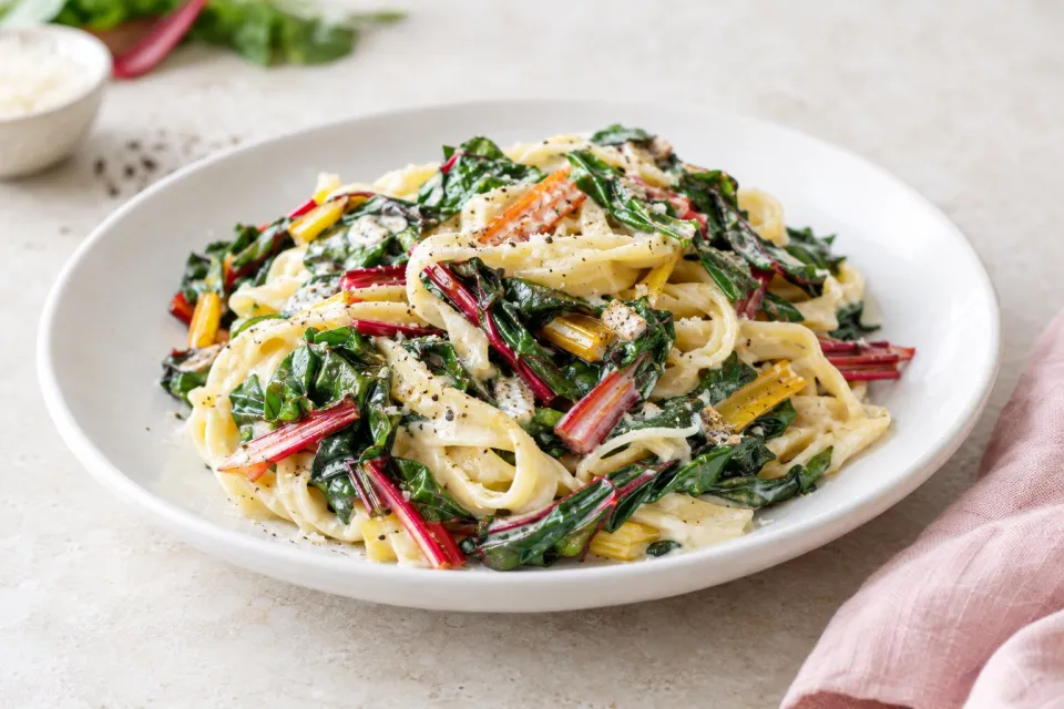 Sautéed Swiss Chard Ribs with Cream and Pasta