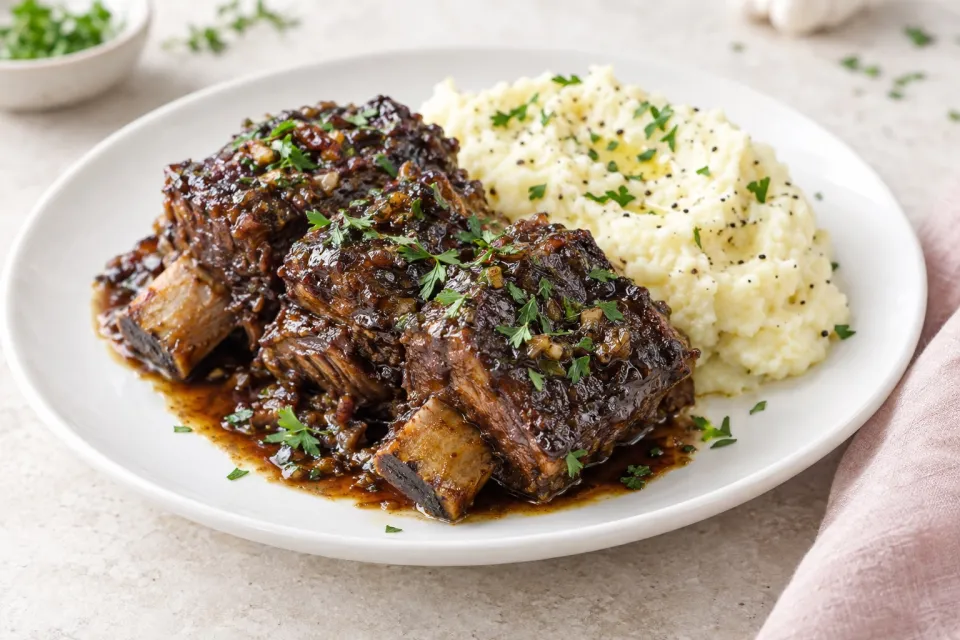 Balsamic-Brown Sugar Short Ribs with Garlic Mashed Potatoes