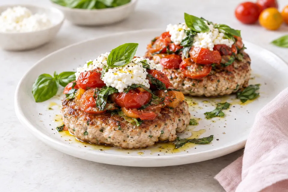 Juicy Turkey Burgers with Sautéed Tomatoes, Basil, and Ricotta