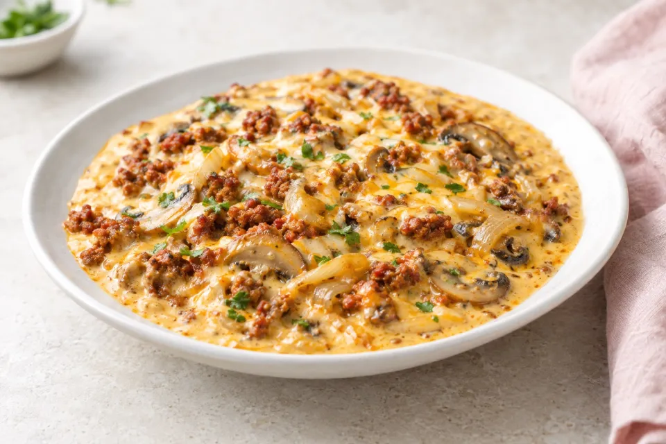 Chorizo, Mushroom, and Onion Queso