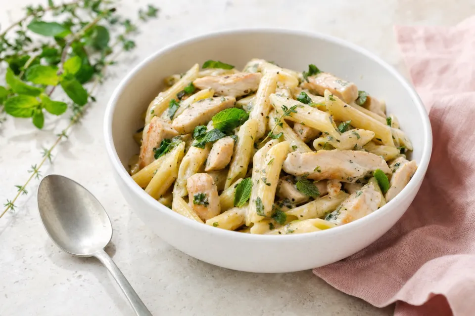 Chicken Pasta with Thyme-Mint Cream Sauce