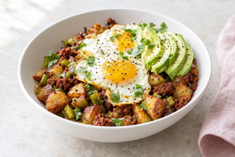 Crispy Potato, Chorizo, and Green Chili Hash with Avocado and Eggs