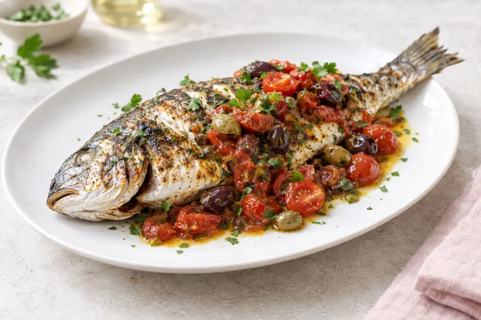 Whole Grilled Fish with Olive-Tomato Compote