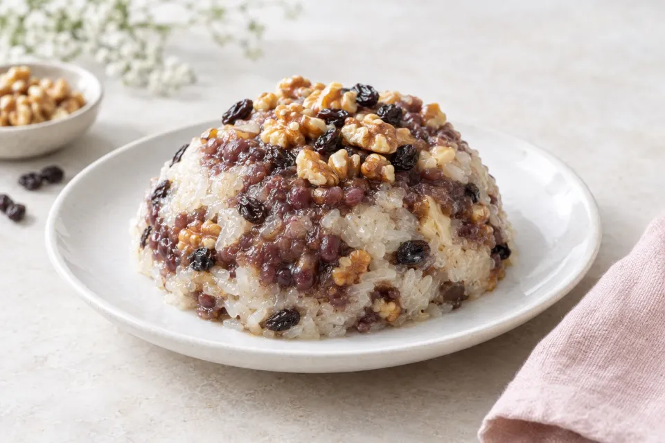 Glutinous Rice with Red Bean Paste, Walnuts, and Currants