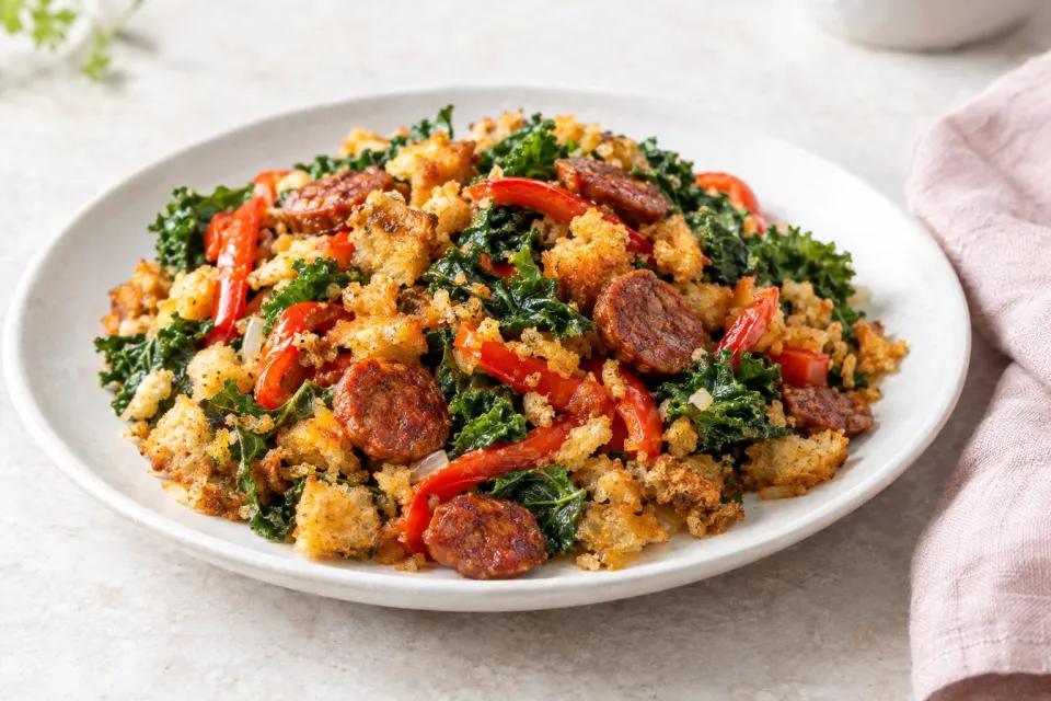 Spanish-Style Migas with Chorizo, Peppers, and Kale