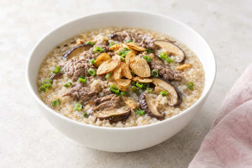 Brown Rice Congee with Beef, Shiitake, and Garlic Chips