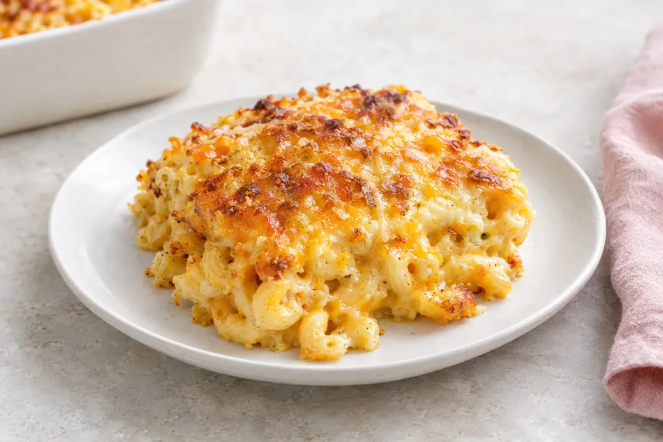Classic Baked Macaroni and Cheese Casserole with Cheddar and Gruyère
