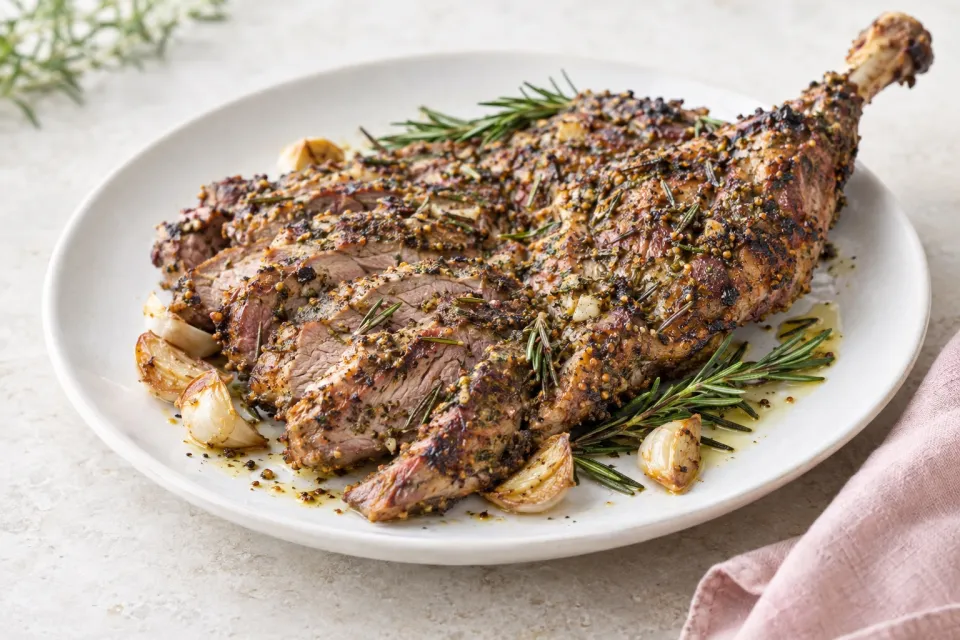Grilled Butterflied Leg of Lamb with Rosemary, Garlic, and Mustard Crust