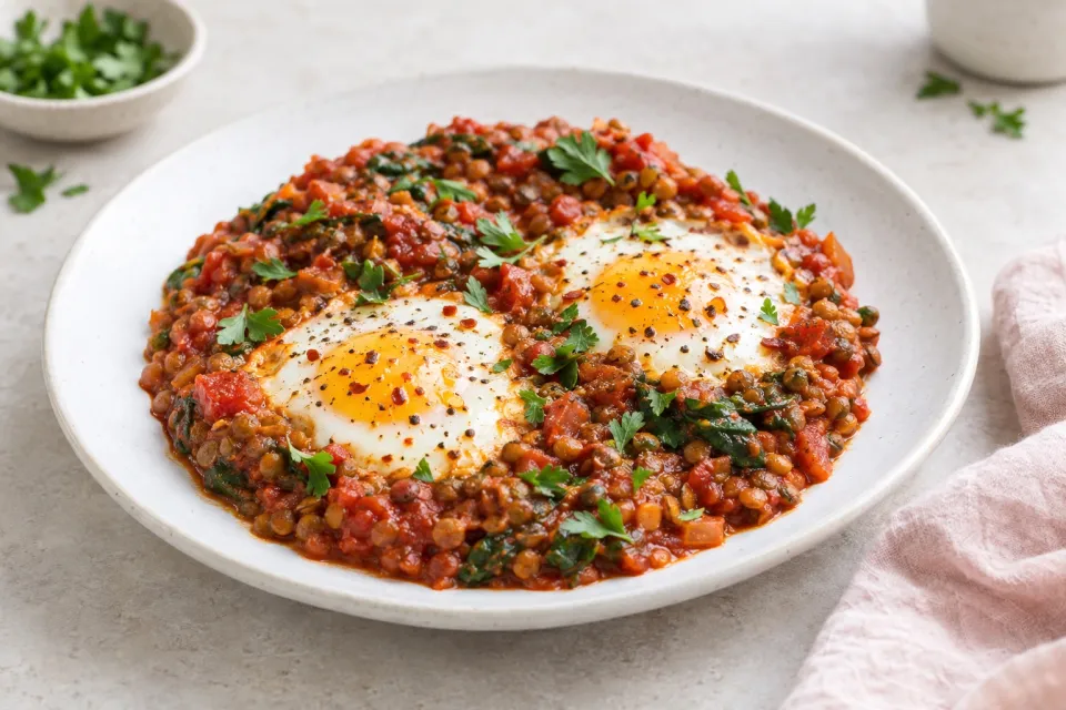 Spicy Tomato Sauce with Lentils and Baked Eggs