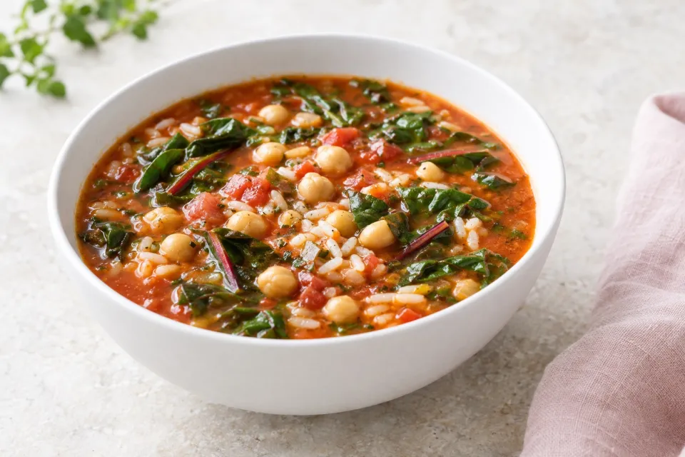 Tomato-Chickpea Soup with Rice and Swiss Chard