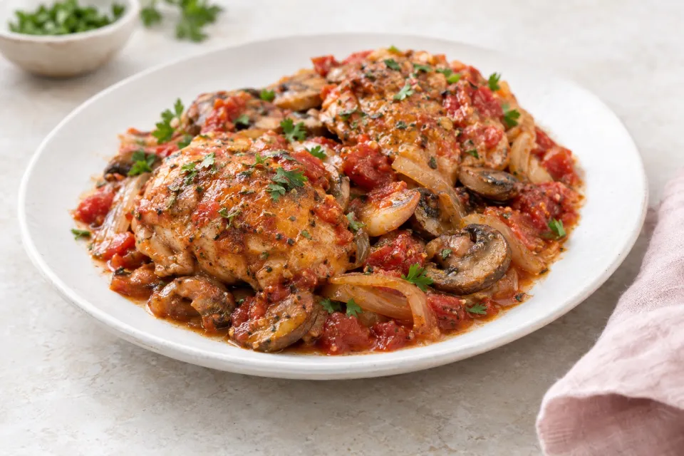 Chicken Cacciatore with Mushrooms, Tomato, and Onion