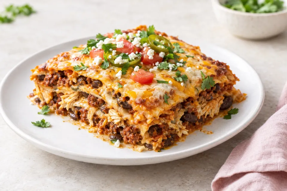 Mexican Chicken Lasagna with Chorizo Beans