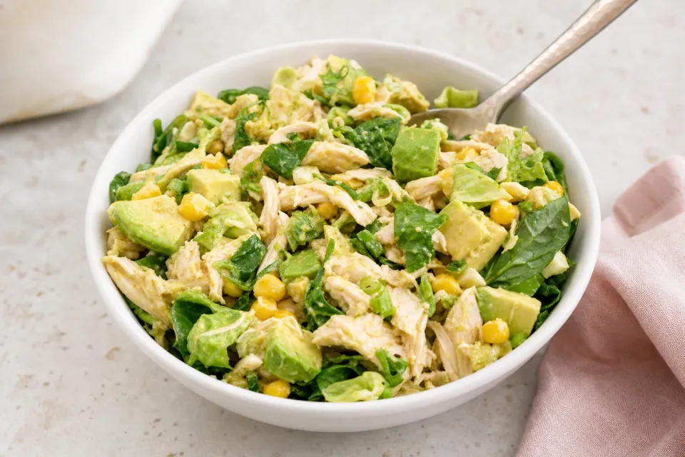Chicken Salad with Avocado, Corn, and Miso Dressing