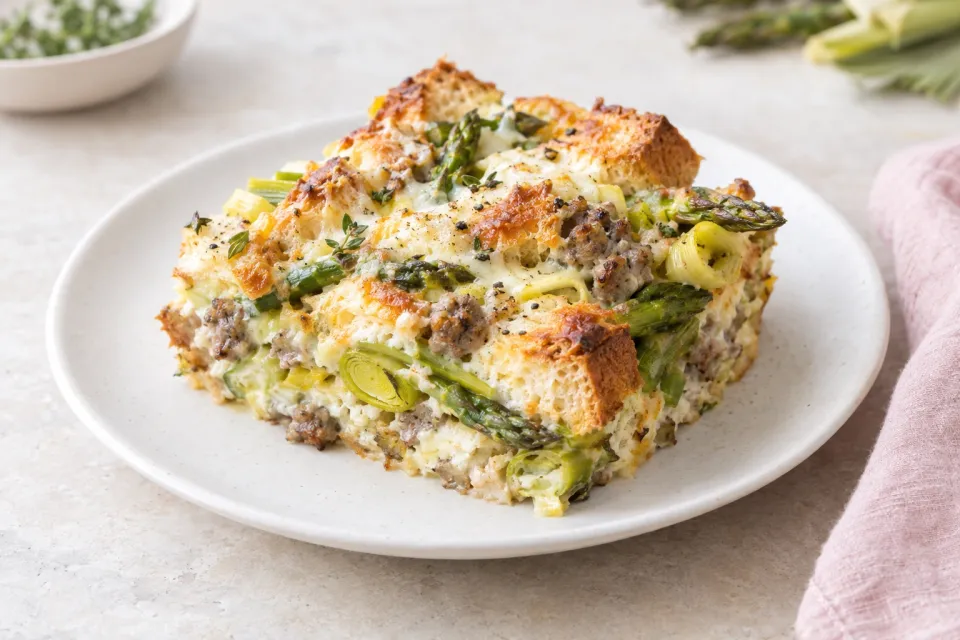 Spring Strata with Asparagus, Leeks, Sausage, and Cheese