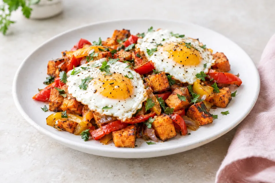 Easy Sweet Potato and Pepper Hash with Eggs