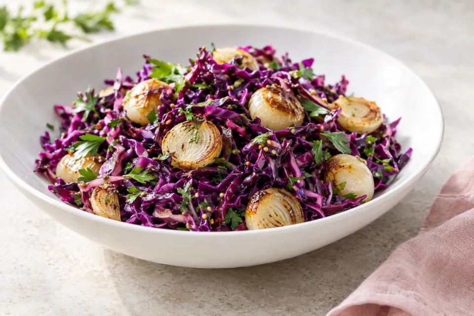 Red Cabbage Salad with Roasted Cipollini Onions