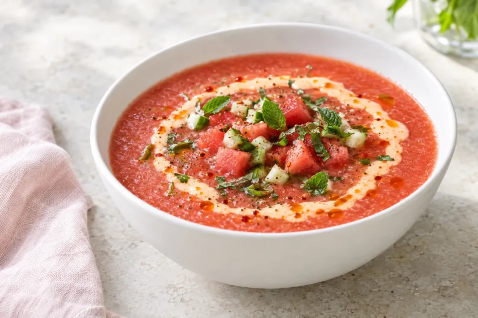 Watermelon Gazpacho with Calabrian-Chili Crema