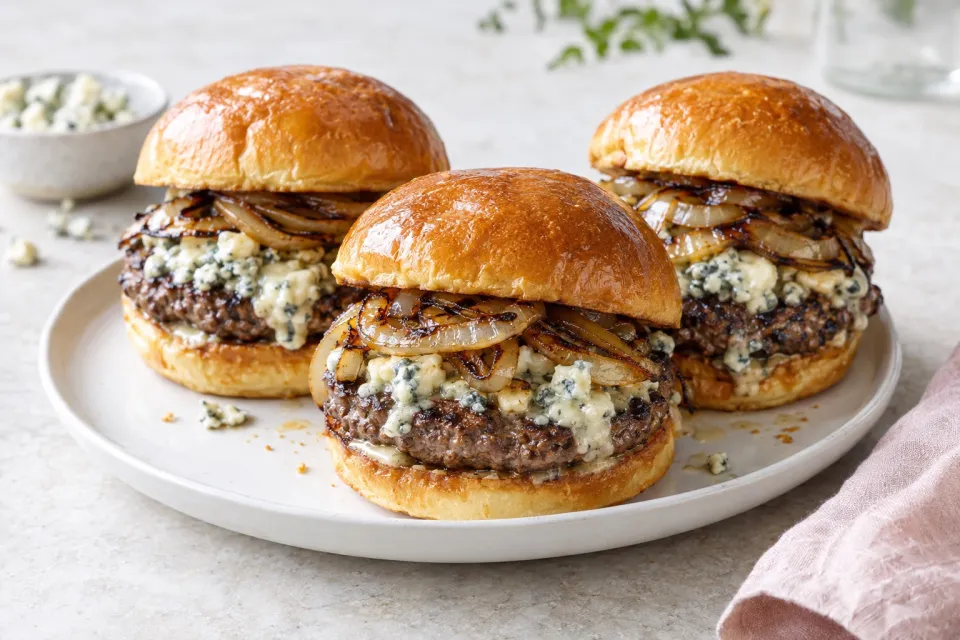 Blue-Cheese Burgers with Grilled Onions