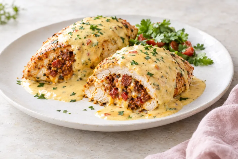 Chorizo-Stuffed Chicken Breasts with Queso Sauce