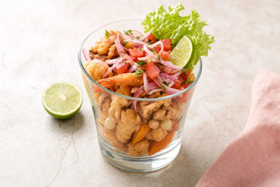 Peruvian Fried Seafood Platter with Lime-Marinated Onion and Tomato Salad