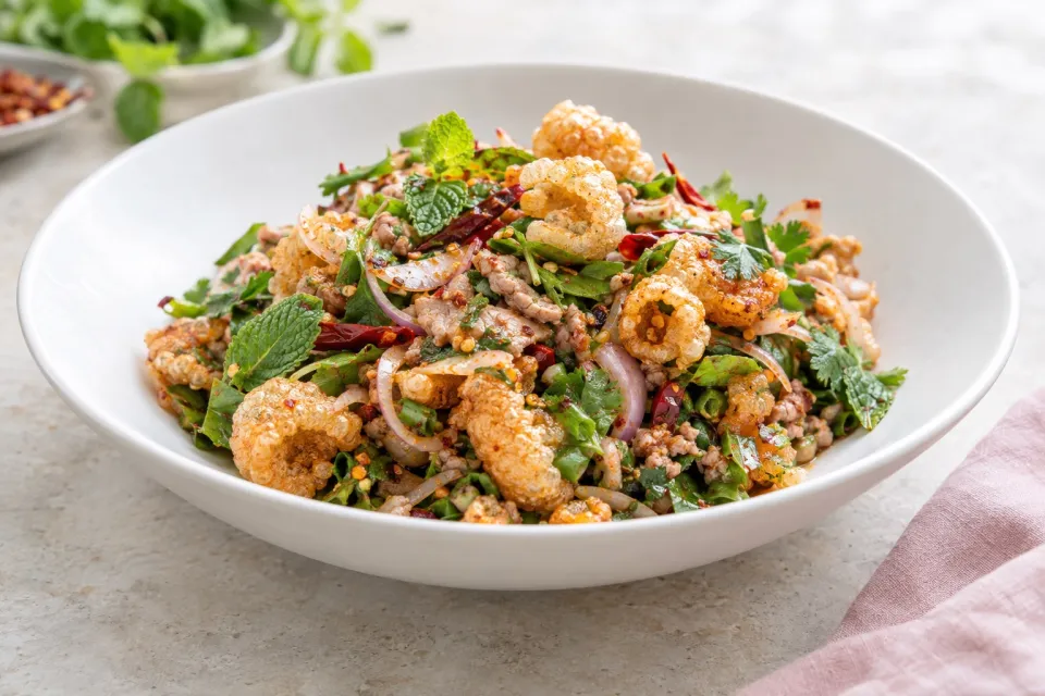Isan-Style Spicy Thai Fried Pork Rind and Herb Salad
