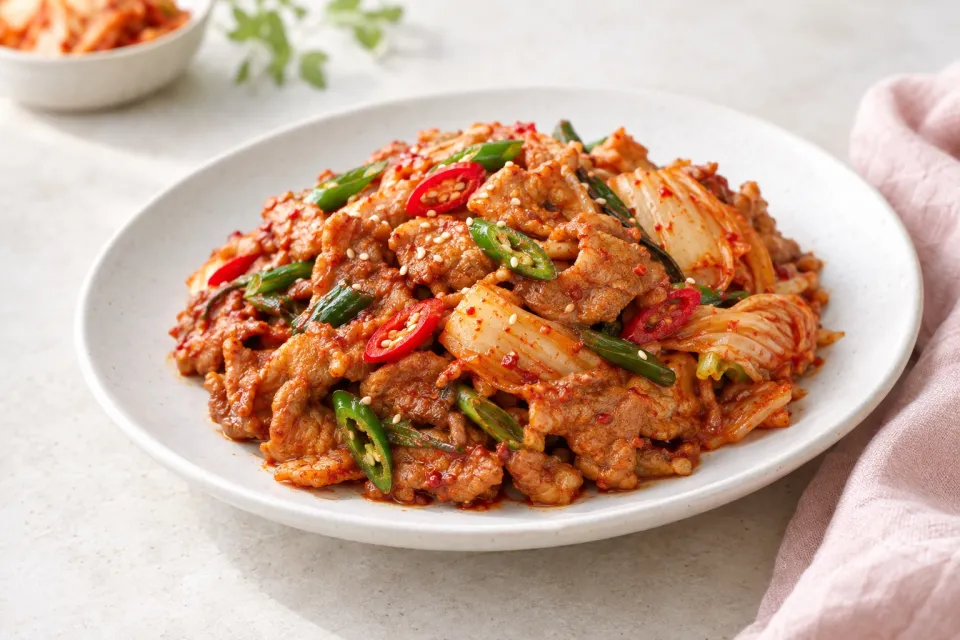 Korean Spicy Marinated Pork with Chilies and Kimchi