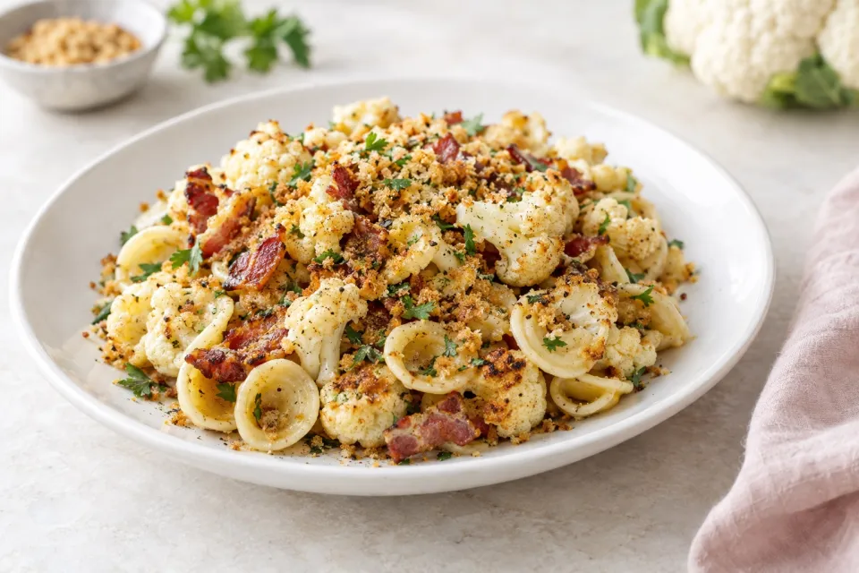 Orecchiette with Cauliflower, Bacon, and Breadcrumbs