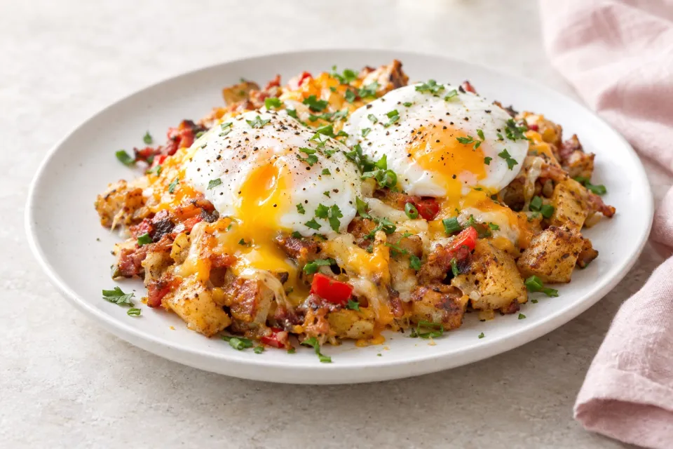 Soft-Cooked Eggs on Cheesy Skillet Hash