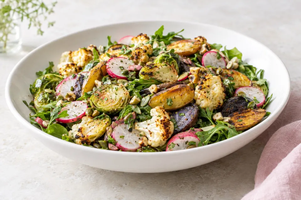 Fall Harvest Salad with Roasted Brassicas, Fingerlings, and Radishes