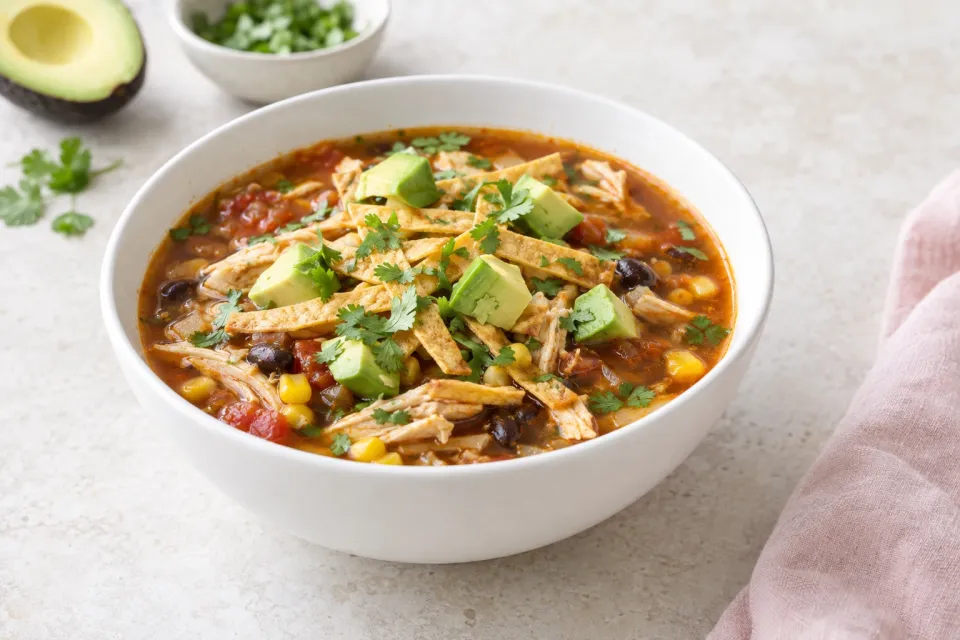 Quick Tortilla Soup with Chicken and Avocado