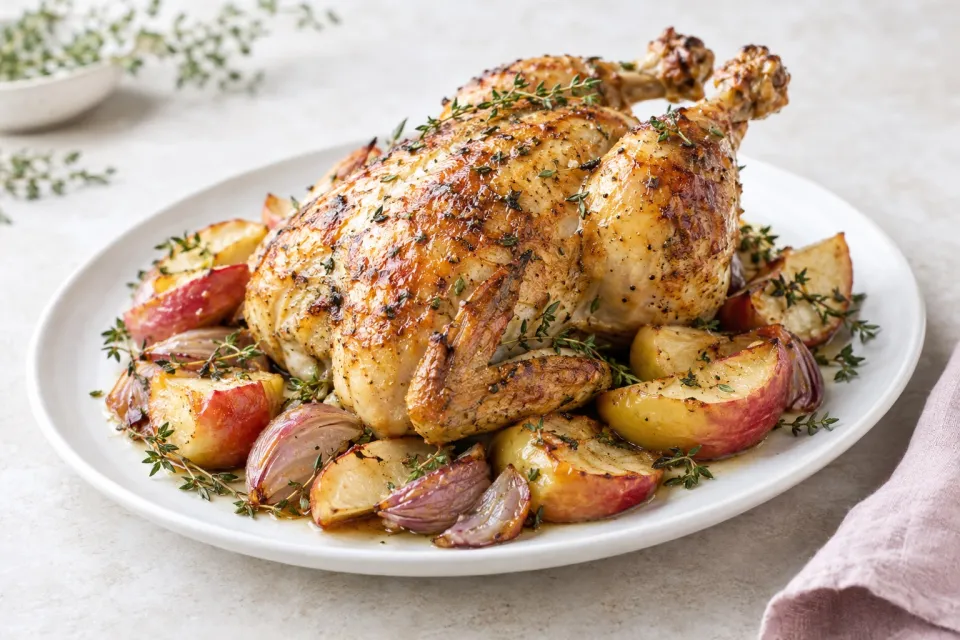 Roast Chicken with Apples, Thyme and Shallots