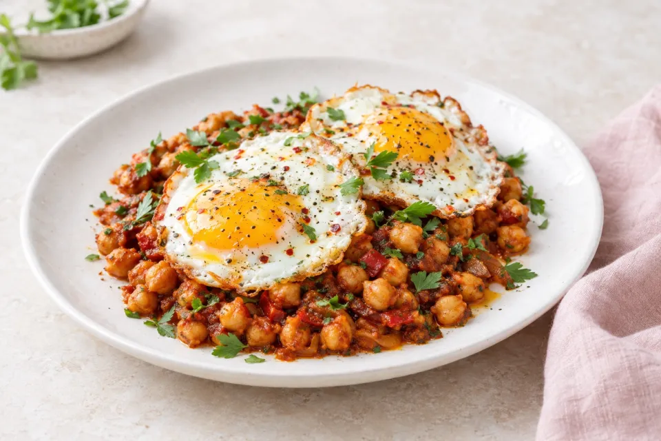 Harissa Chickpeas with Fried Eggs
