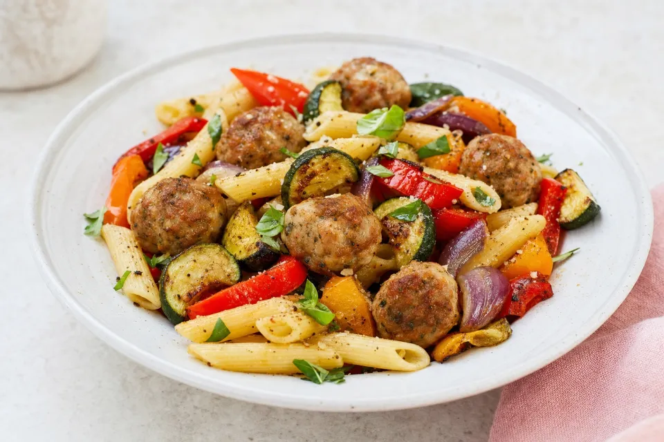 Pasta with Turkey Meatballs and Roasted Vegetables