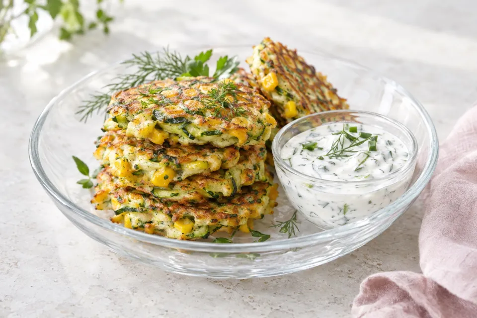 Zucchini-and-Corn Fritters with Herb Sour Cream
