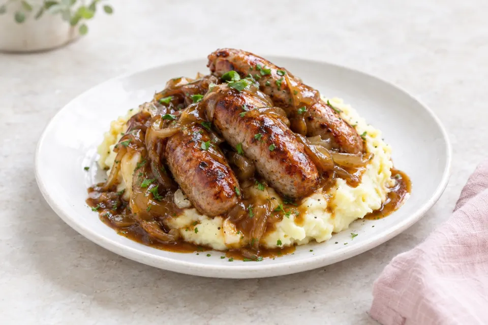 English Bangers and Mash with Onion Gravy