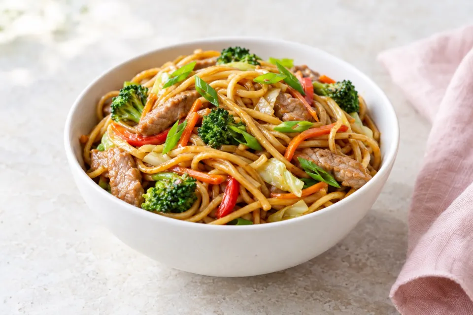 Stir-Fried Lo Mein Noodles with Pork and Vegetables