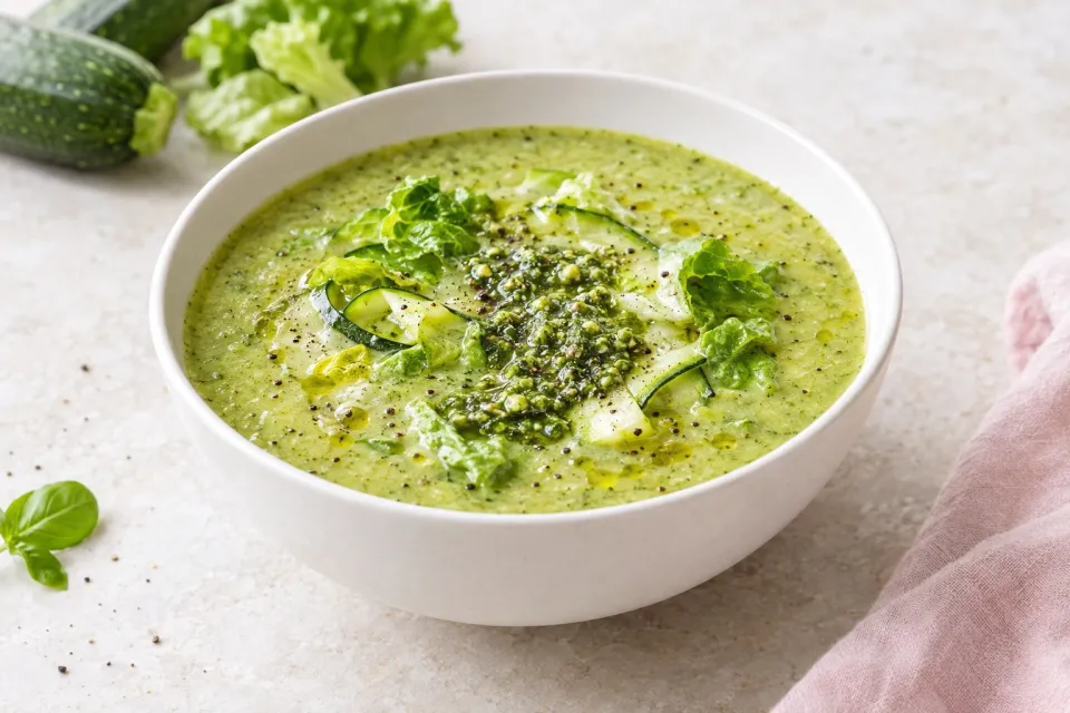 Zucchini and Lettuce Soup with Pesto