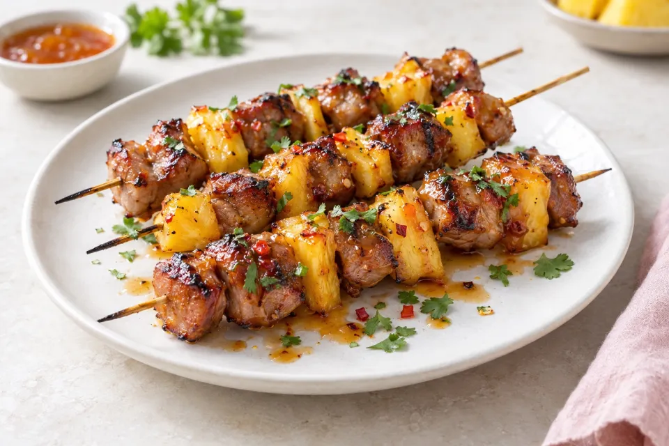 Sweet and Spicy Apricot-Glazed Pork and Pineapple Kebabs