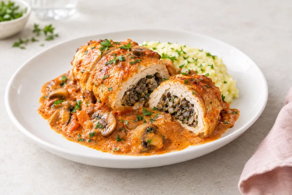 Mushroom Duxelles-Stuffed Chicken Paprikash